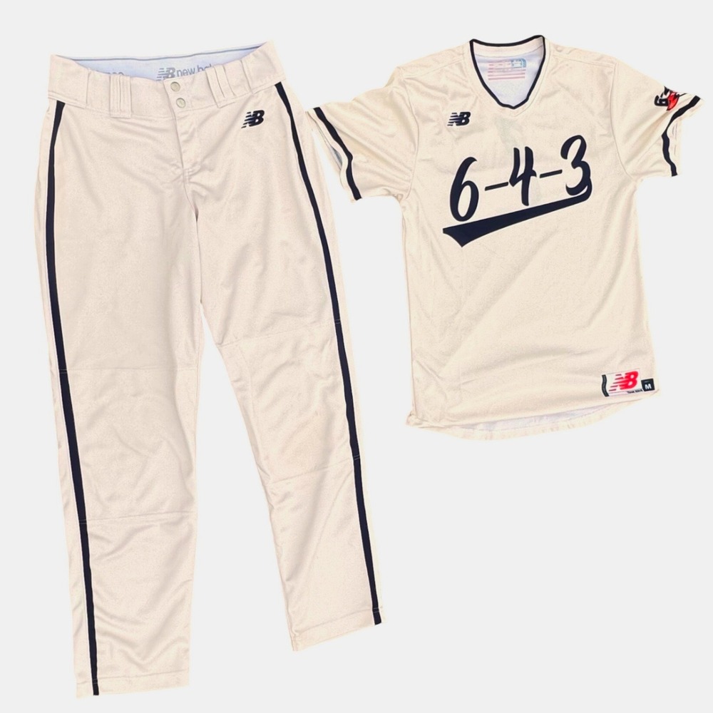 New Balance 6-4-3 DP Baseball‎ Uniform Mens M Pullover Jersey Pants Cream Navy